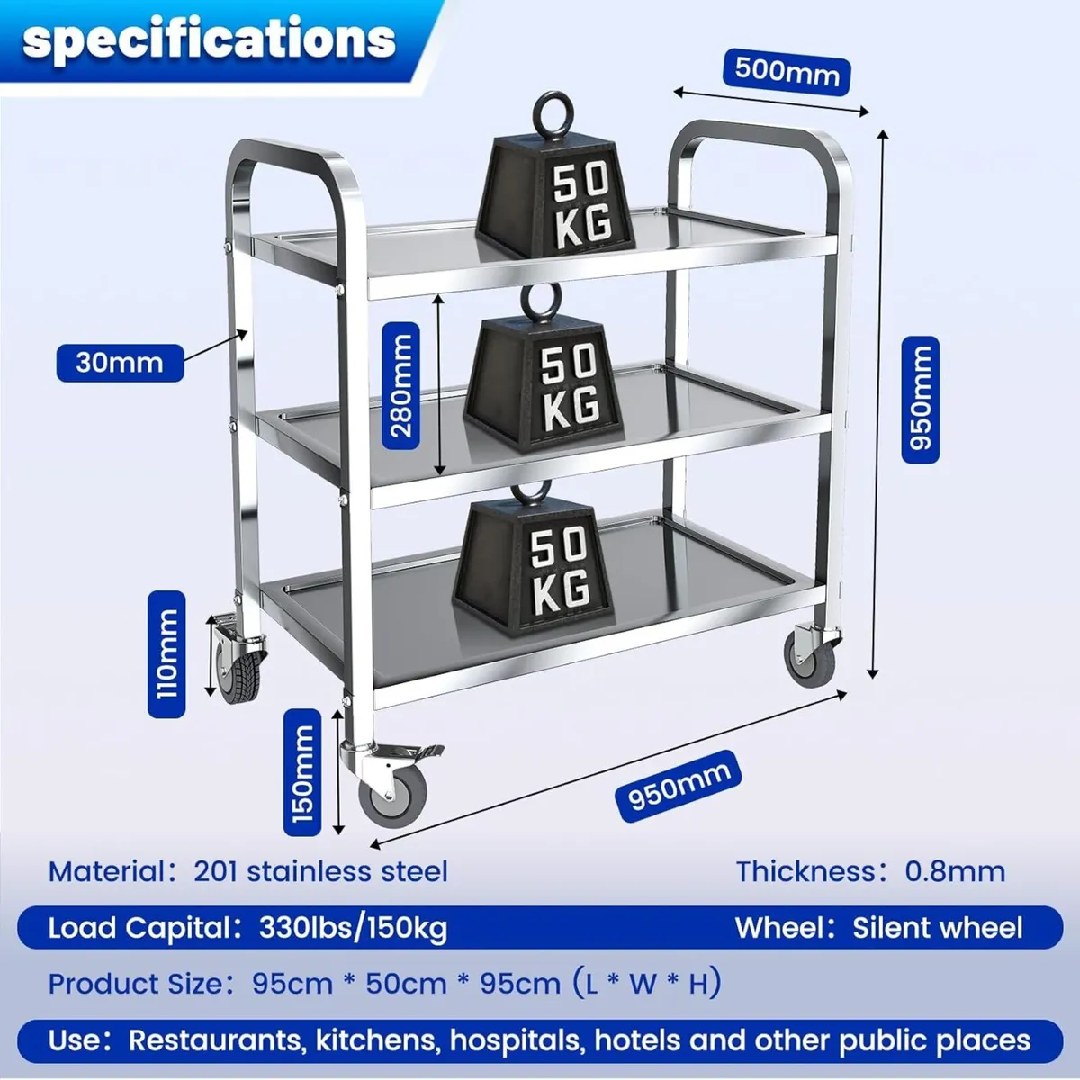 3 Tier Stainless Steel Kitchen Trolley Cart - Image 2