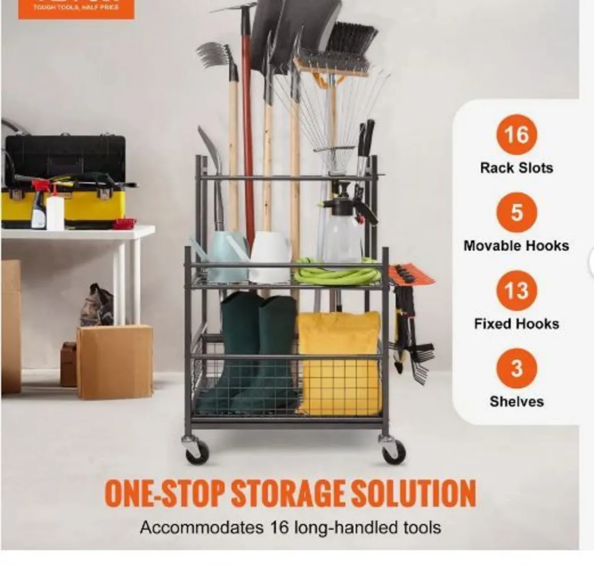 Garden Tool Organizer, 16 Slots with Hooks - Image 2