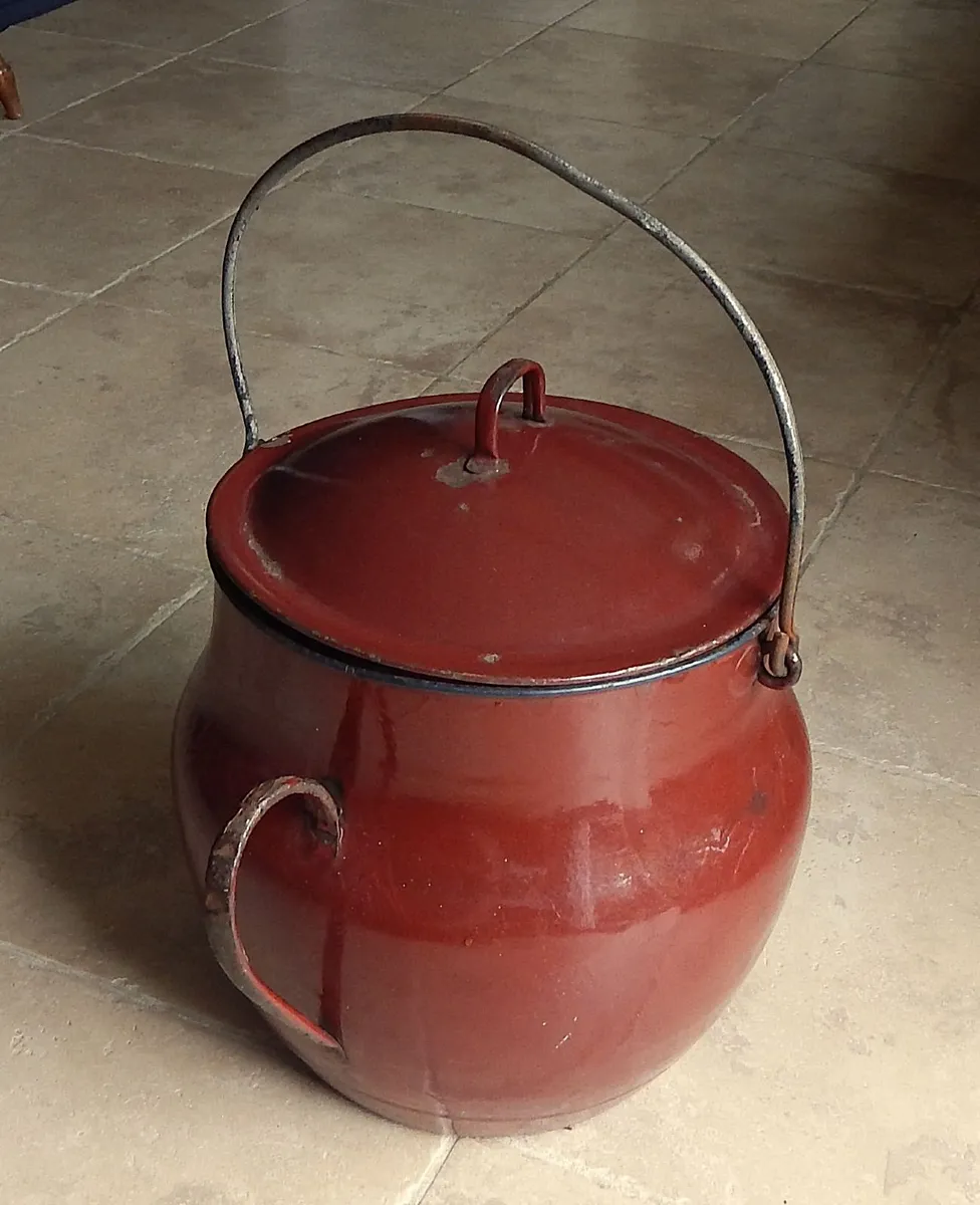 Large Vintage Metal Enamelware Lidded Cauldron Pot - Image 1