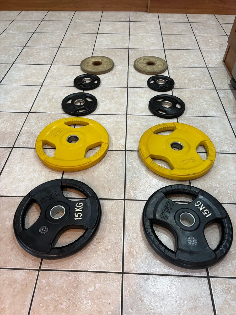 OLYMPIC WEIGHT PLATES, GOOD RANGE OF SIZES.