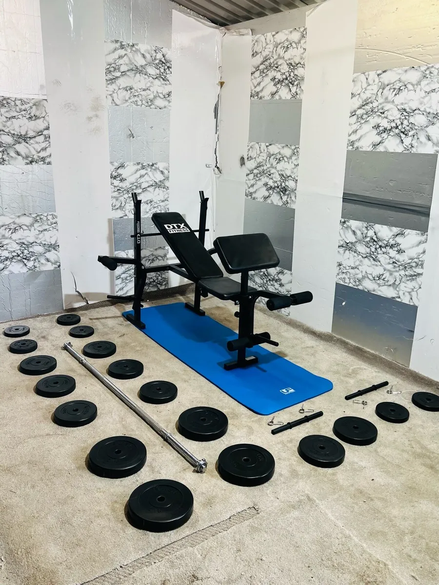 GYM KIT BENCH 50KG WEIGHTS MAT BARBELL DUMBBELLS - Image 2