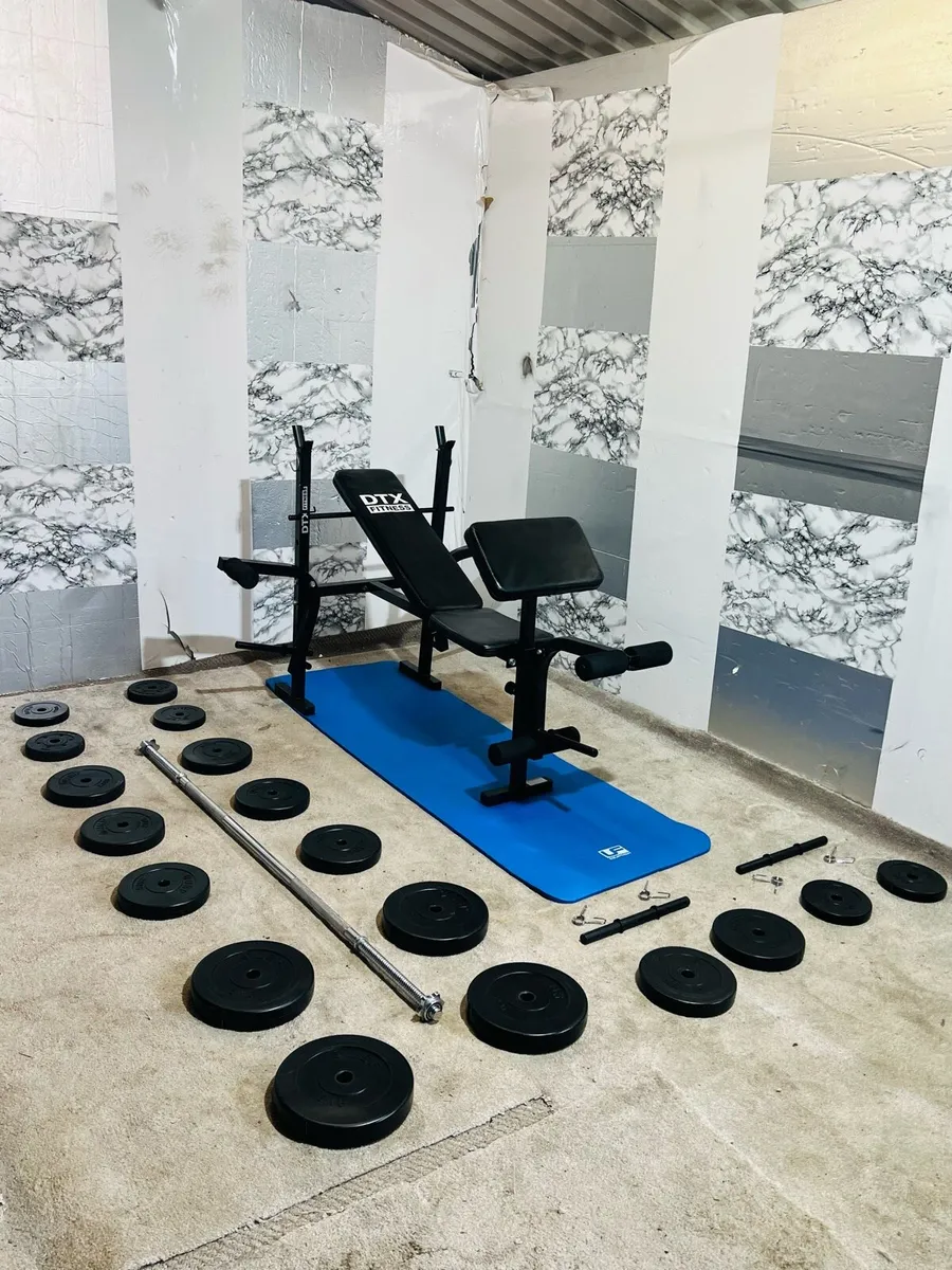 GYM KIT BENCH 50KG WEIGHTS MAT BARBELL DUMBBELLS - Image 1