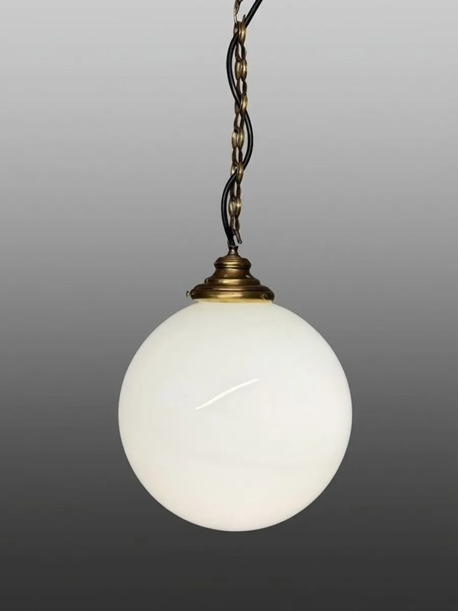Vintage Milk Glass Globe Pendant Light with Original Decorative Chain - Image 1