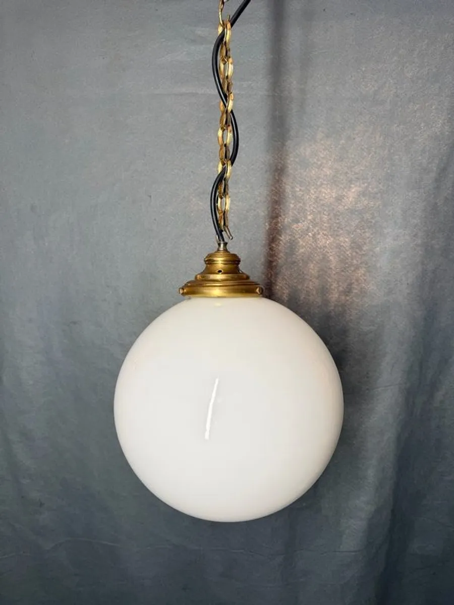 Vintage Milk Glass Globe Pendant Light with Original Decorative Chain - Image 3
