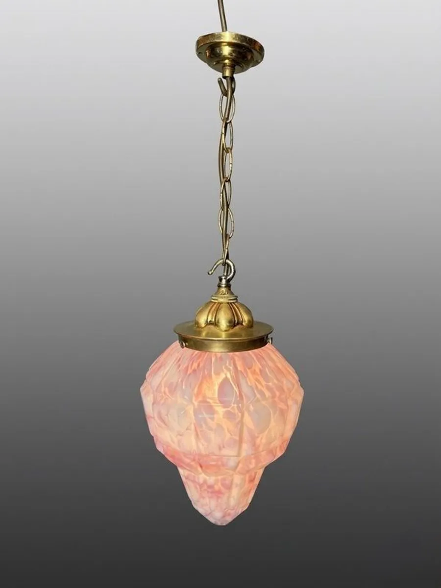1930s Mottled Marble Effect Glass Pendant Light with Brass Fittings - Image 1