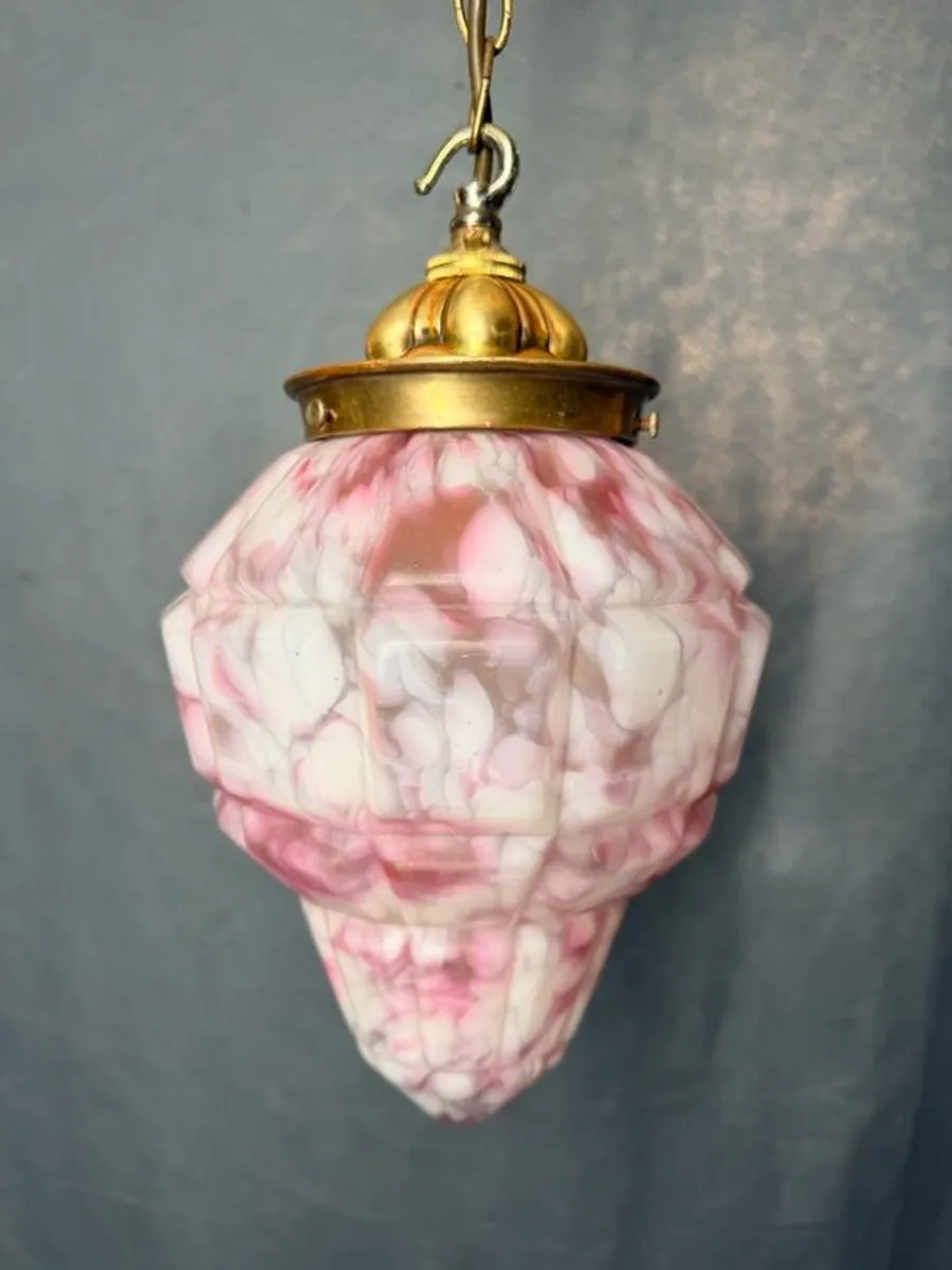 1930s Mottled Marble Effect Glass Pendant Light with Brass Fittings - Image 2