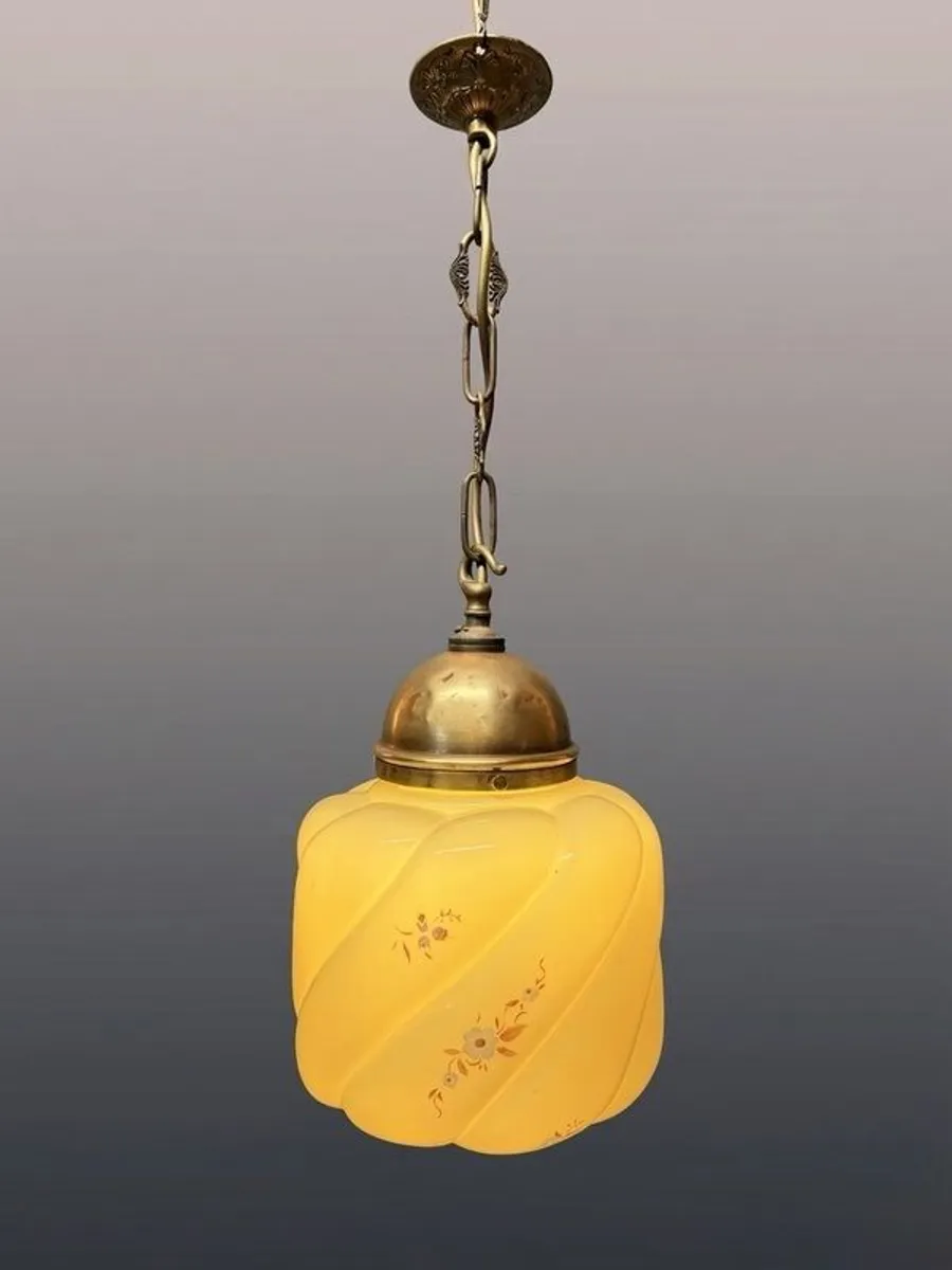 Art Deco Floral Glass & Brass Pendant Lamp - Image 1