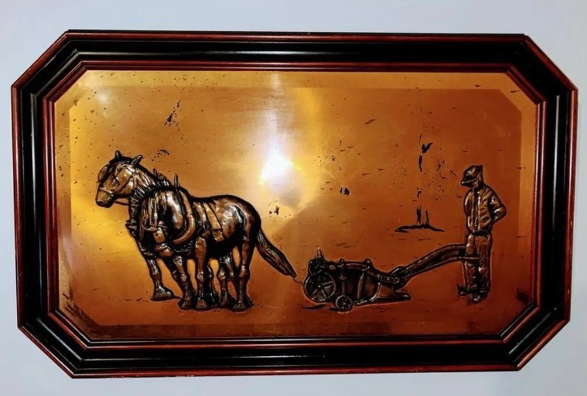 Farmer ploughing the field vintage copper - Image 1