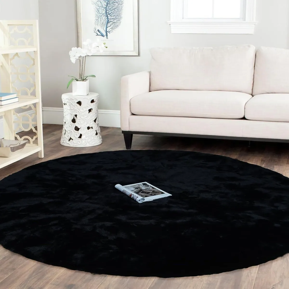 Round Area Rug - 150cm Black Fuzzy Washable Faux - Image 1