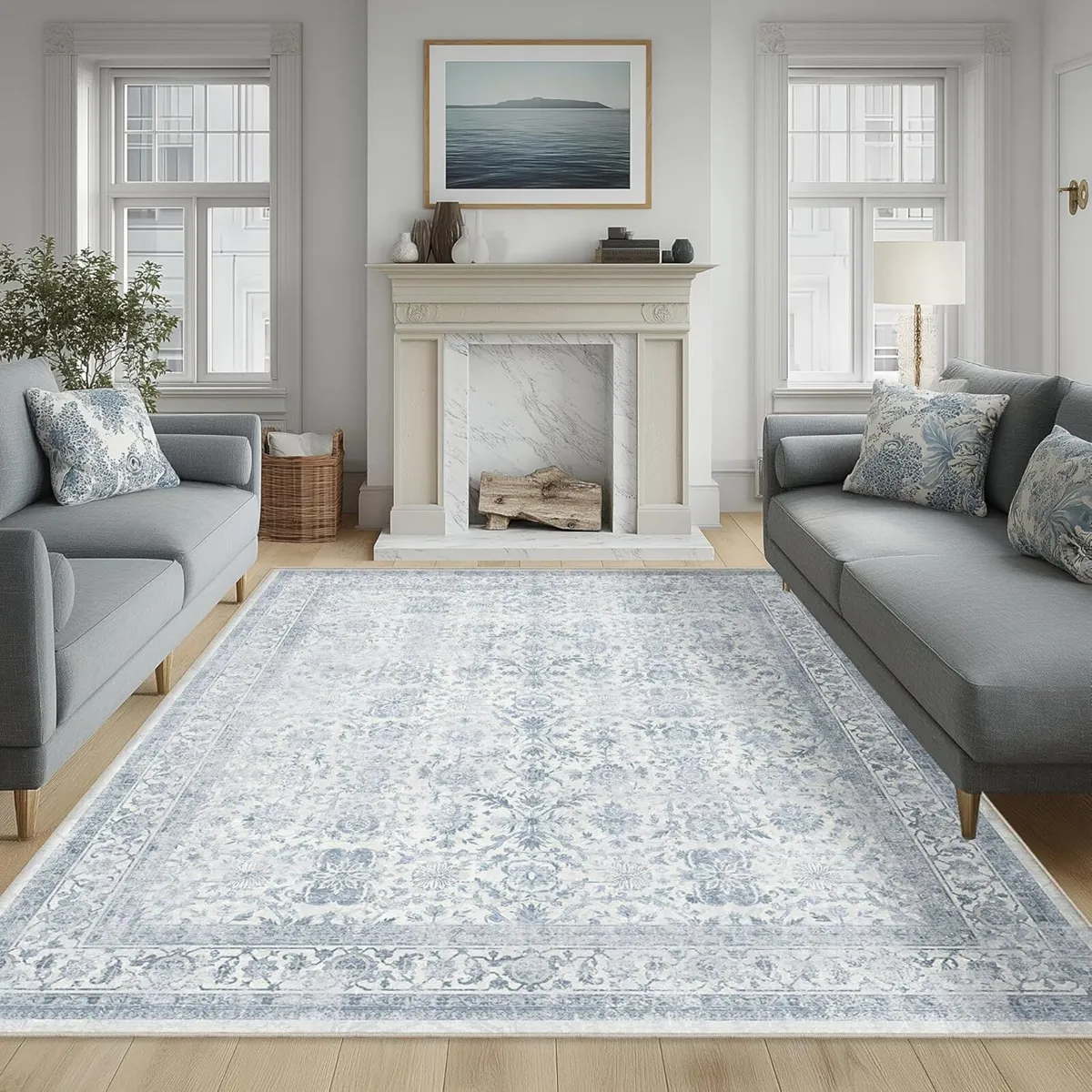 Washable Area Rug Blue Vintage Neutral Distressed - Image 1