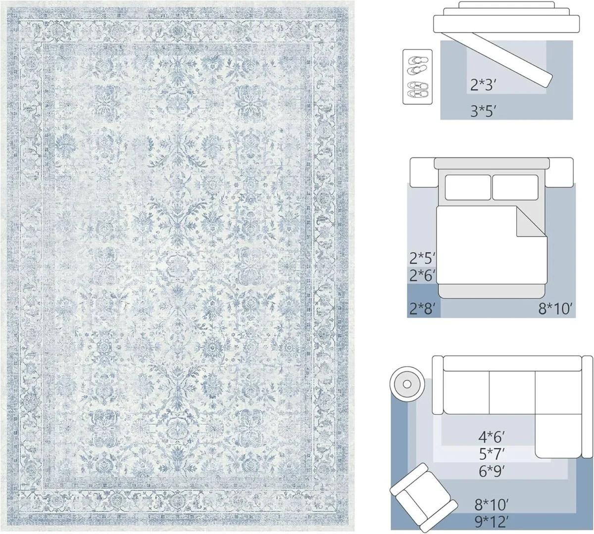 Washable Area Rug Blue Vintage Neutral Distressed - Image 2