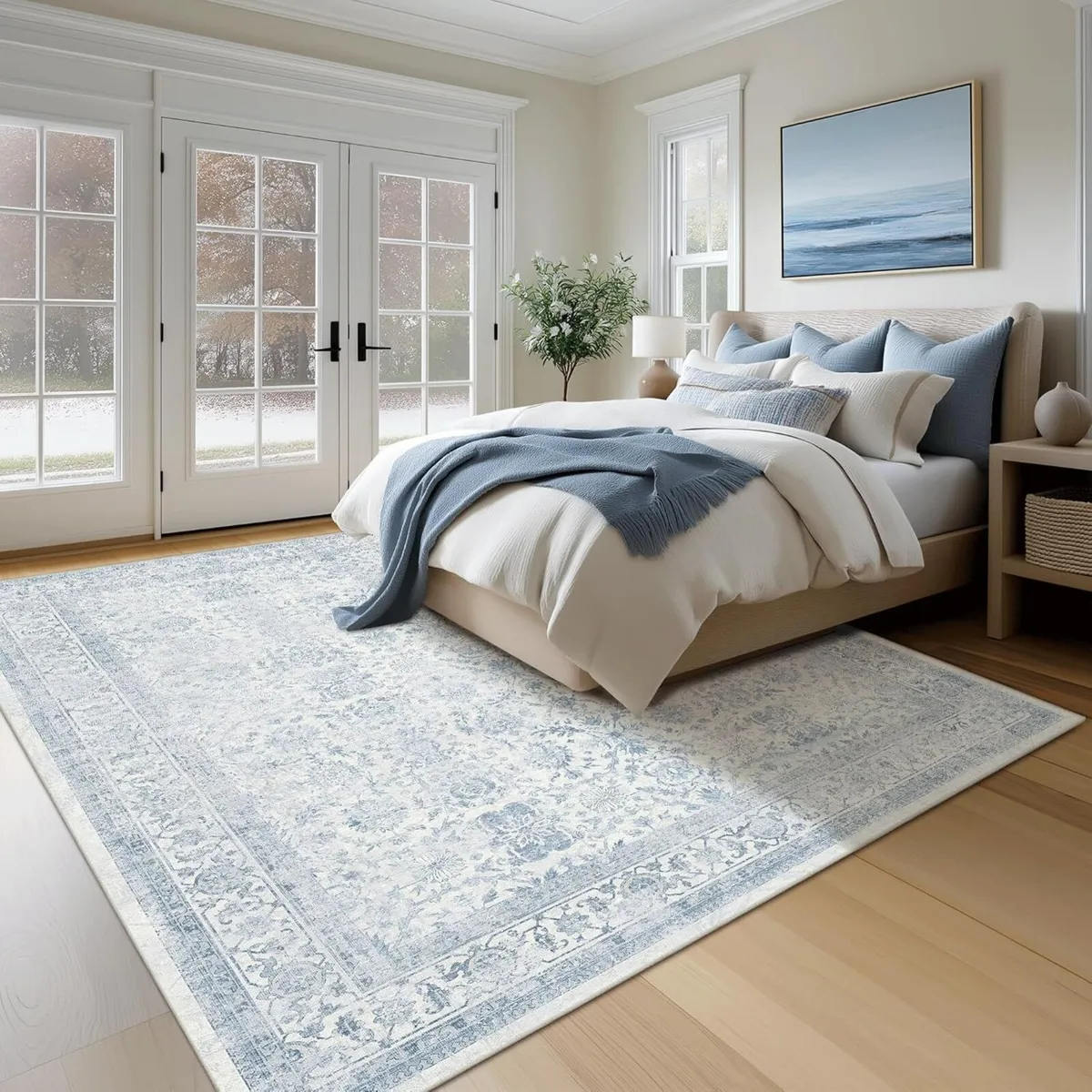 Washable Area Rug Blue Vintage Neutral Distressed - Image 3