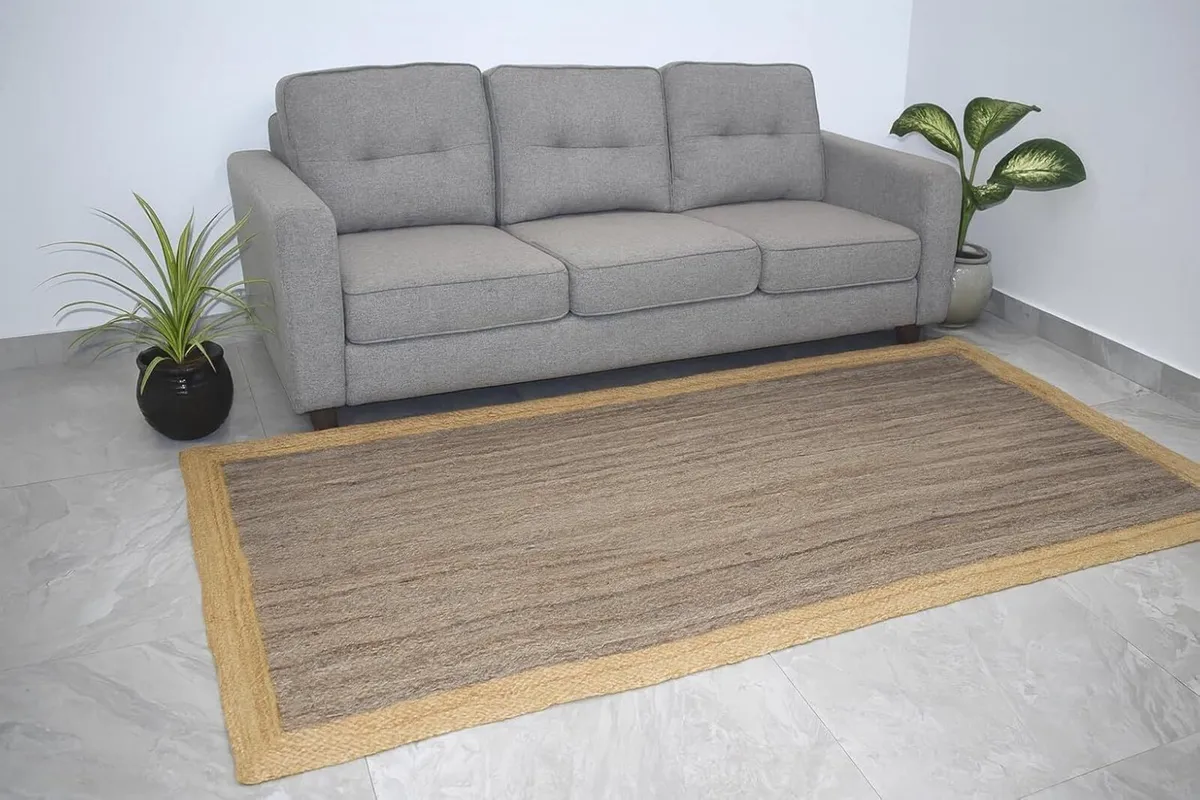 Jute Rug Rectangle Braided Grey with Beige Border - Image 1