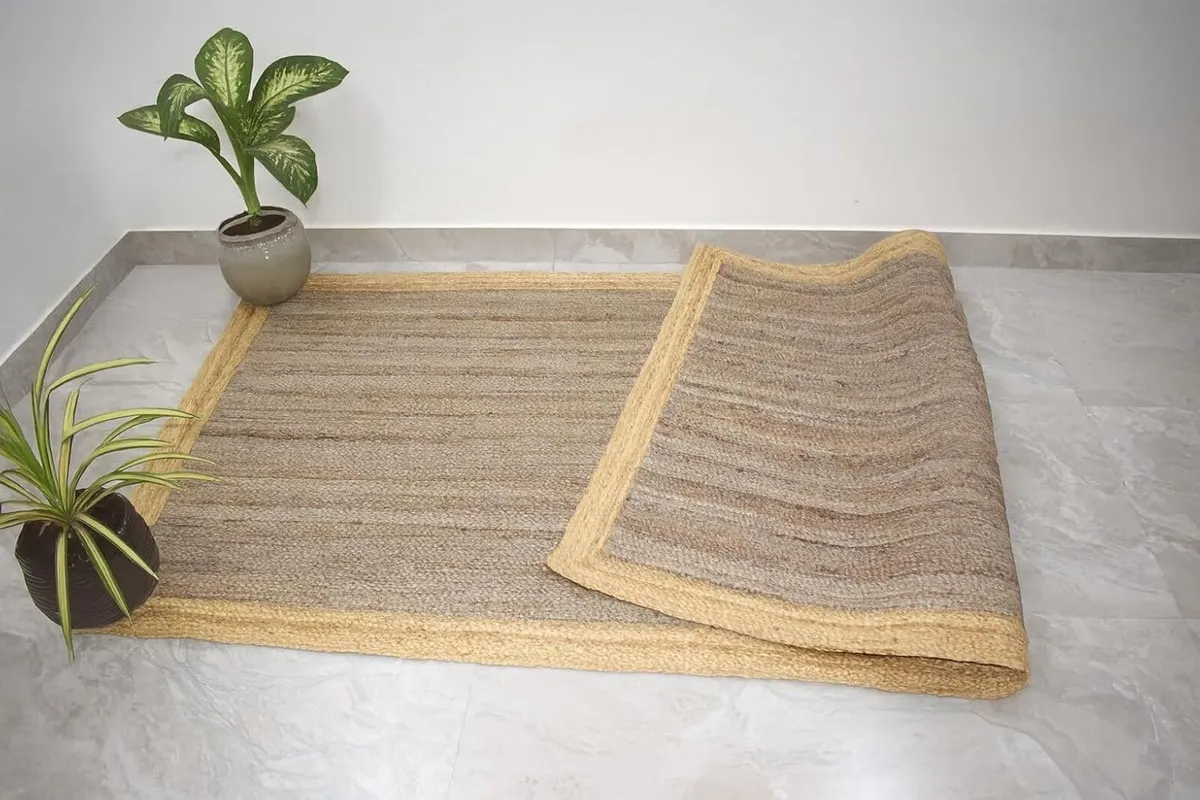 Jute Rug Rectangle Braided Grey with Beige Border - Image 3