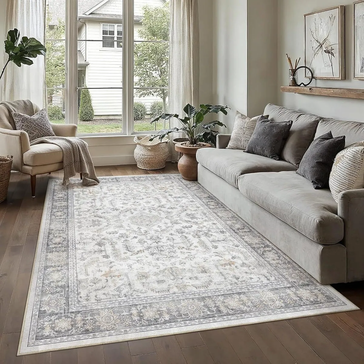 160x230cm Washable Rugs Living Room Grey Vintage - Image 1