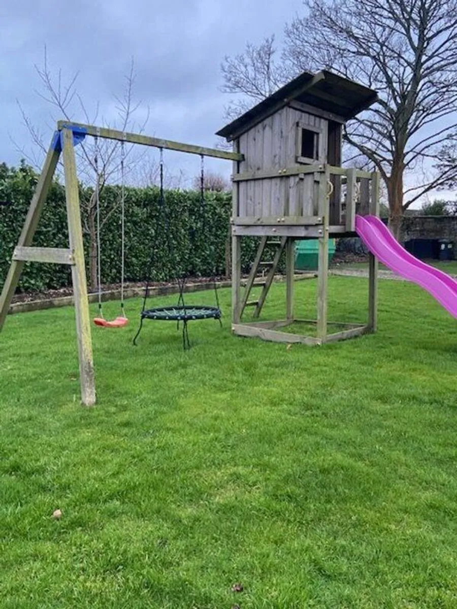 Wooden Garden Playhouse, Slide & Swings set - Image 3