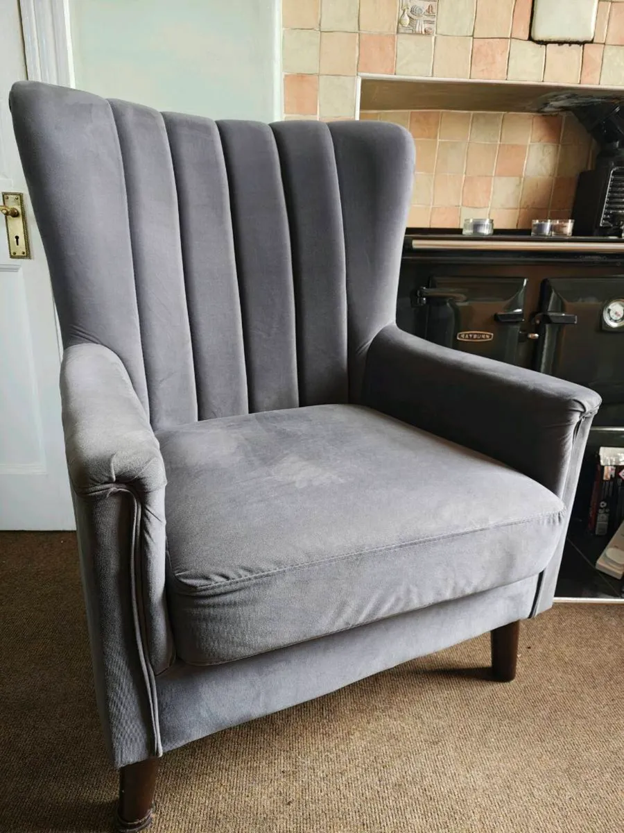 Grey velvet wingback armchair – very comfortable - Image 3