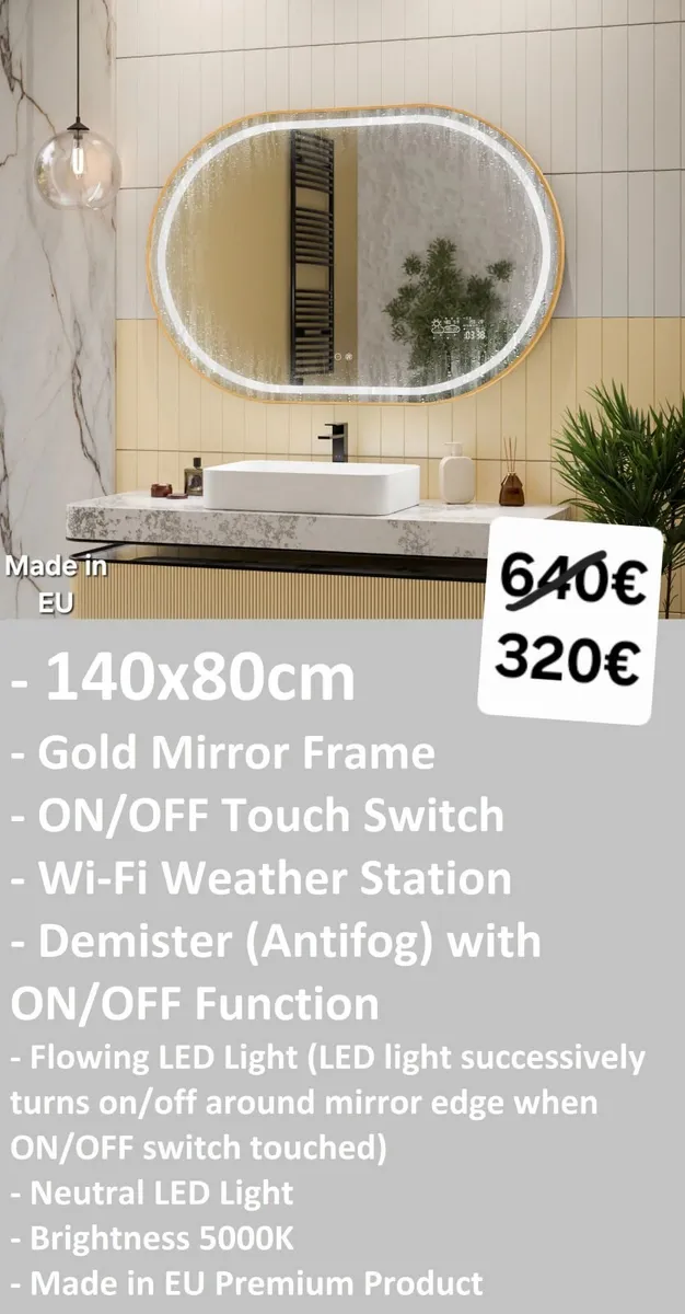 LED Bathroom Mirror Gold Antifog Weather 140x80cm