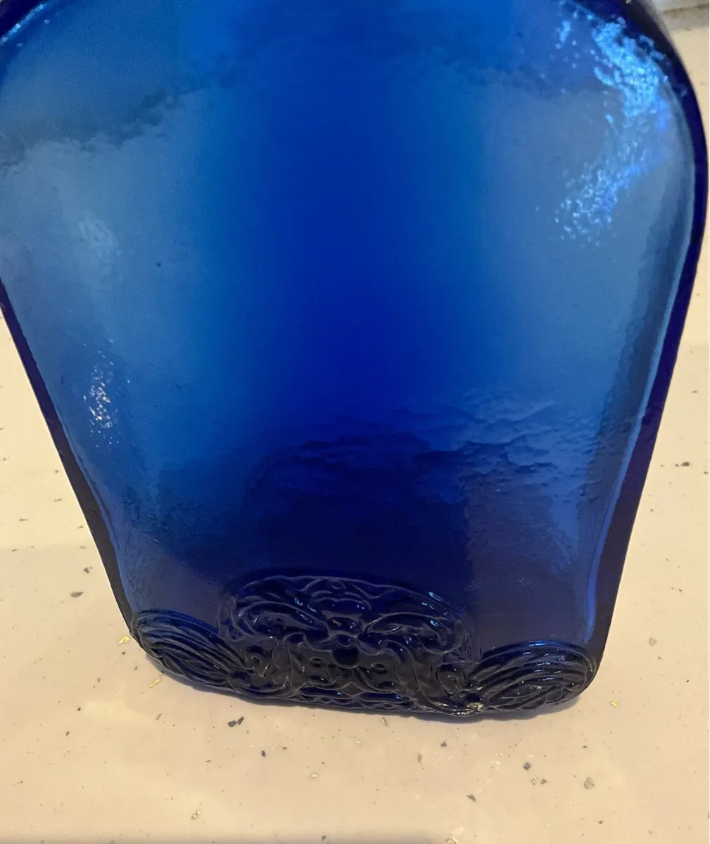 Embossed Cobalt Blue Glass Flask Shaped Bottle - Image 2