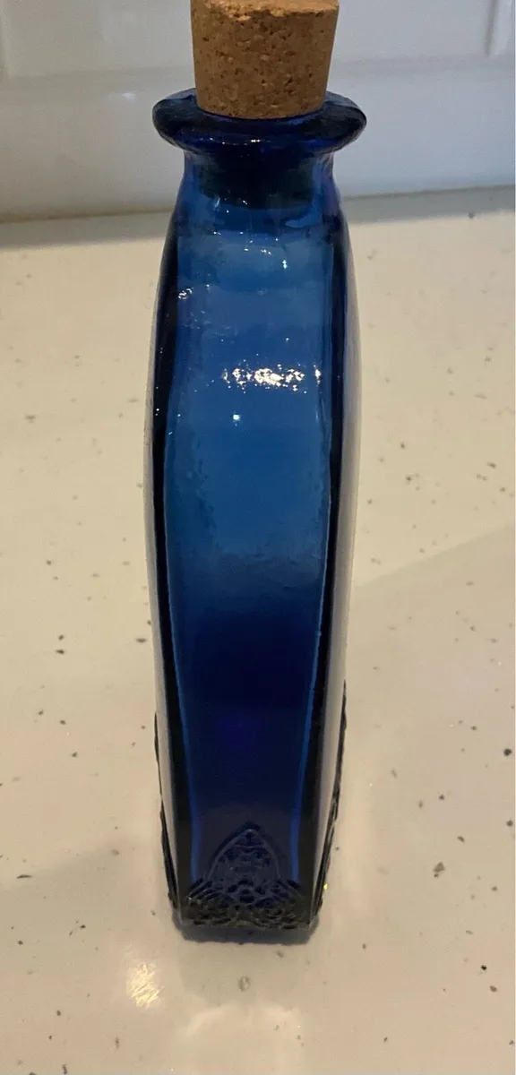Embossed Cobalt Blue Glass Flask Shaped Bottle - Image 3