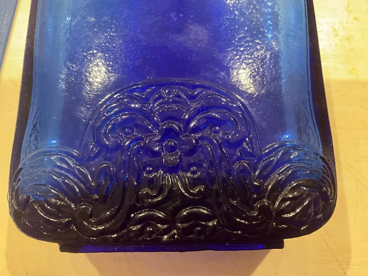 Embossed Cobalt Blue Glass Flask Shaped Bottle - Image 4