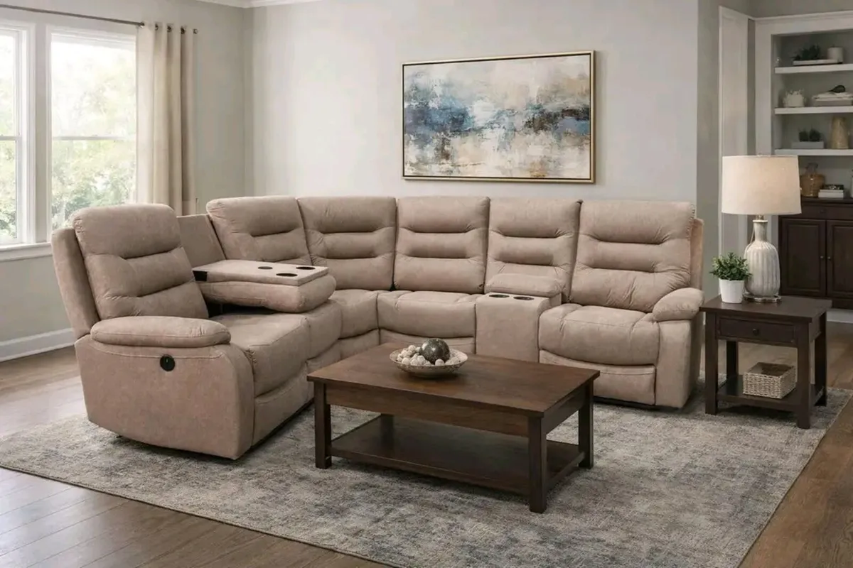 New Electric Brown & Grey Fabric Recliner Sofa - Image 2