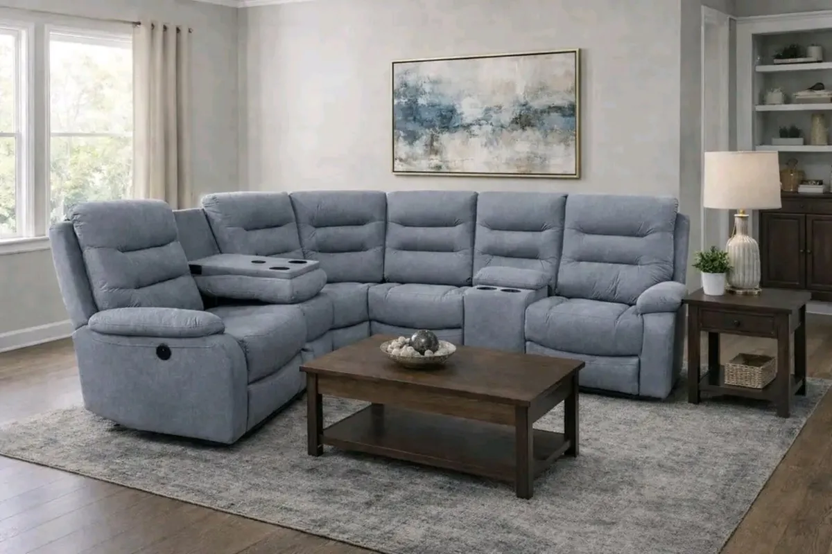 New Electric Brown & Grey Fabric Recliner Sofa - Image 4