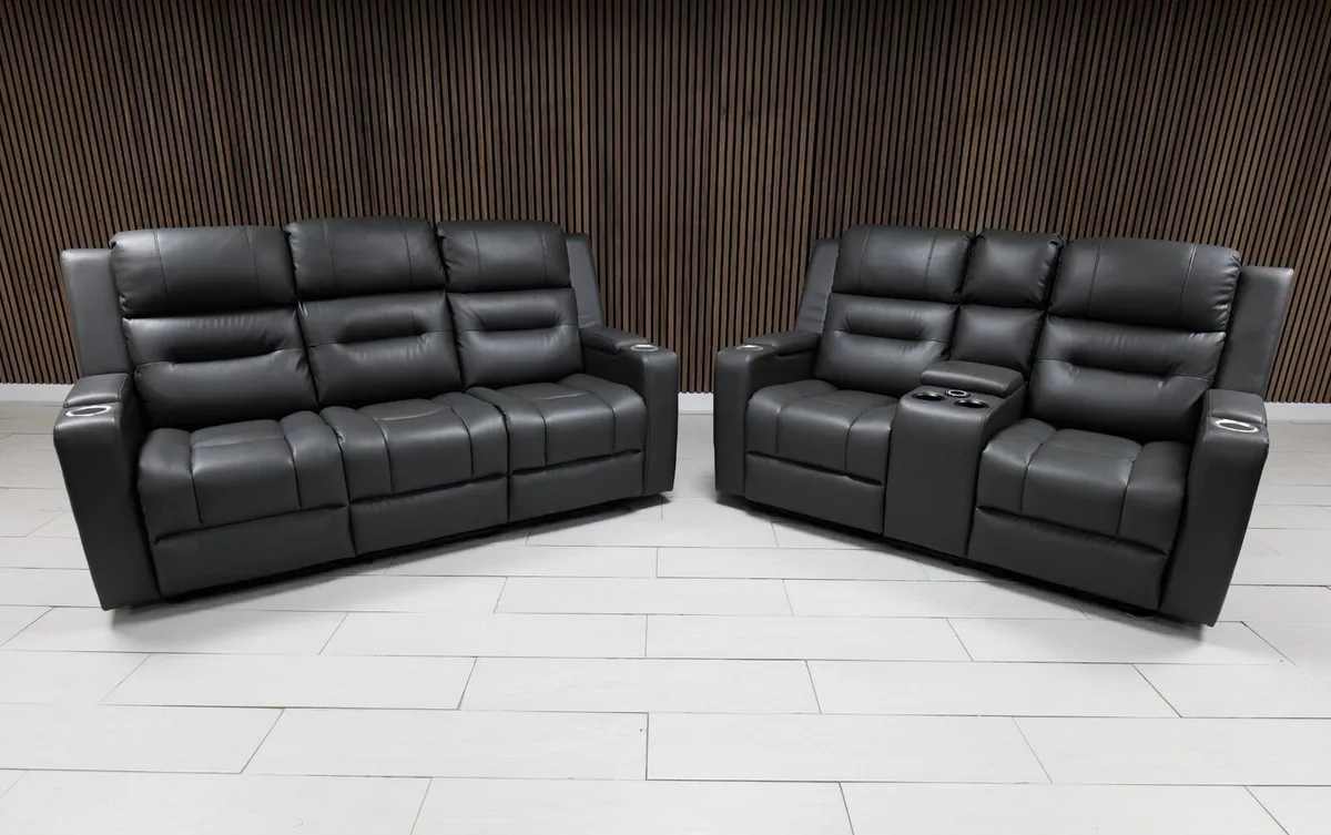 Titan Dark Grey Leather Recliner Sofa Set - Image 1
