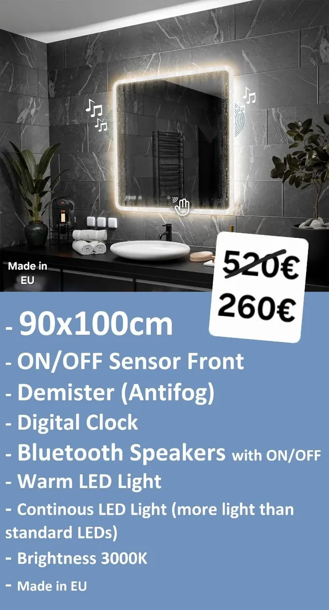 LED Bathroom Mirror Speakers Antifog Sensor ON/OFF