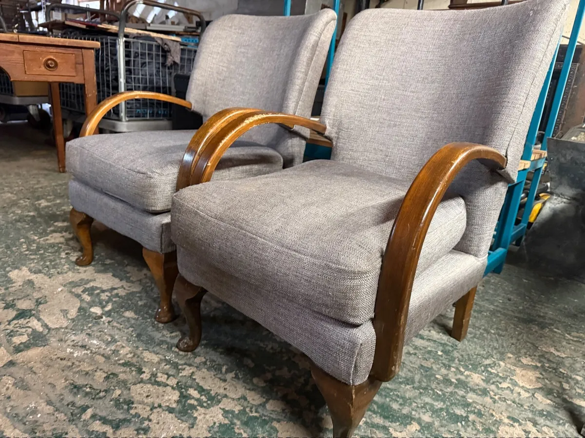 Pair of reclaimed re upholstered 1920's chairs - Image 1