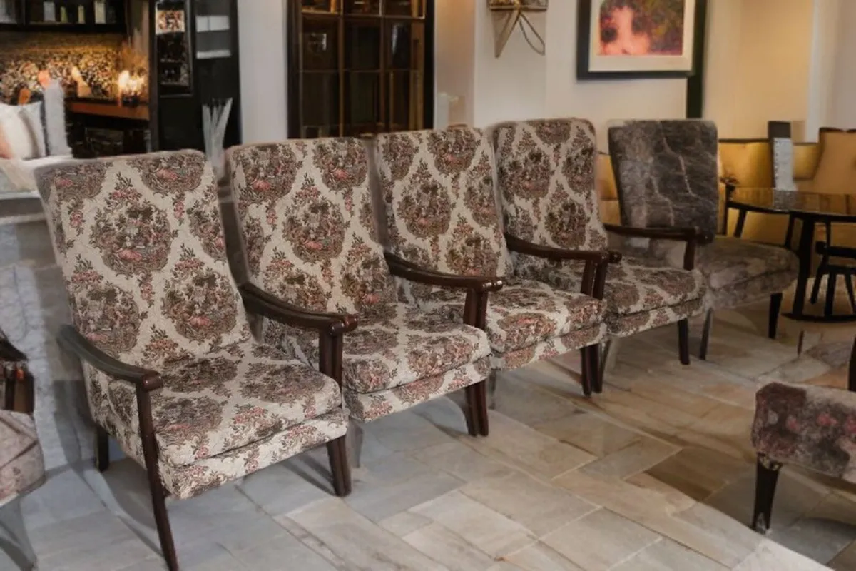 4 Vintage High-Back Tapestry Floral Fireside Chair - Image 1