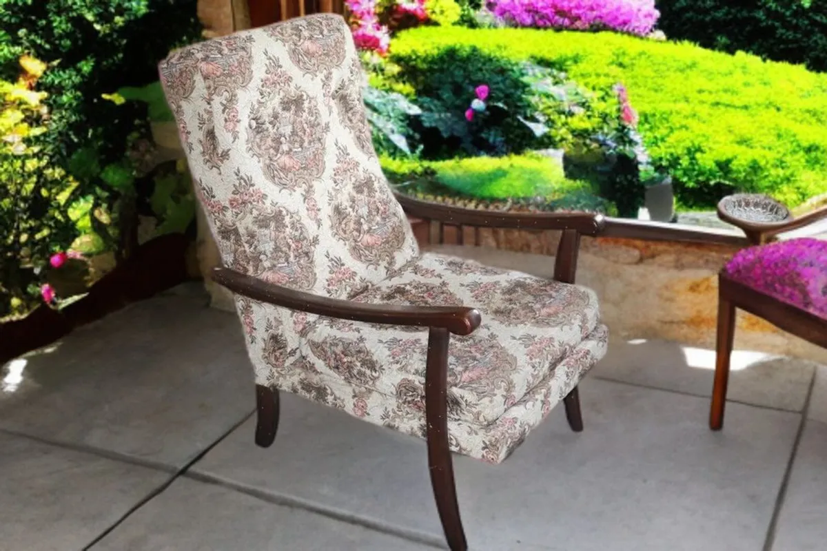 4 Vintage High-Back Tapestry Floral Fireside Chair - Image 4