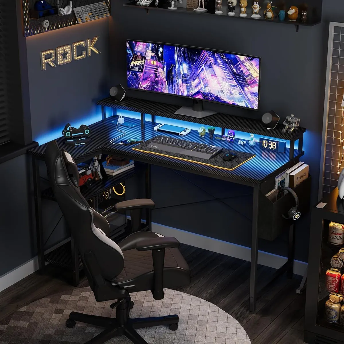 L Shaped Desk with LED Lights Power Outlets 120 - Image 2