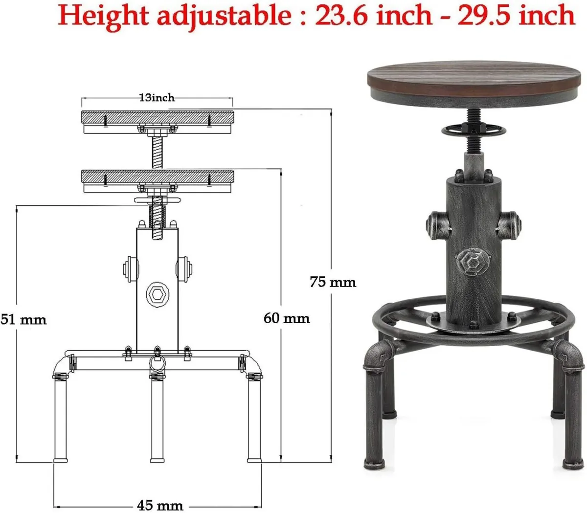 Antique Vintage Industrial Barstool Solid Wood - Image 3