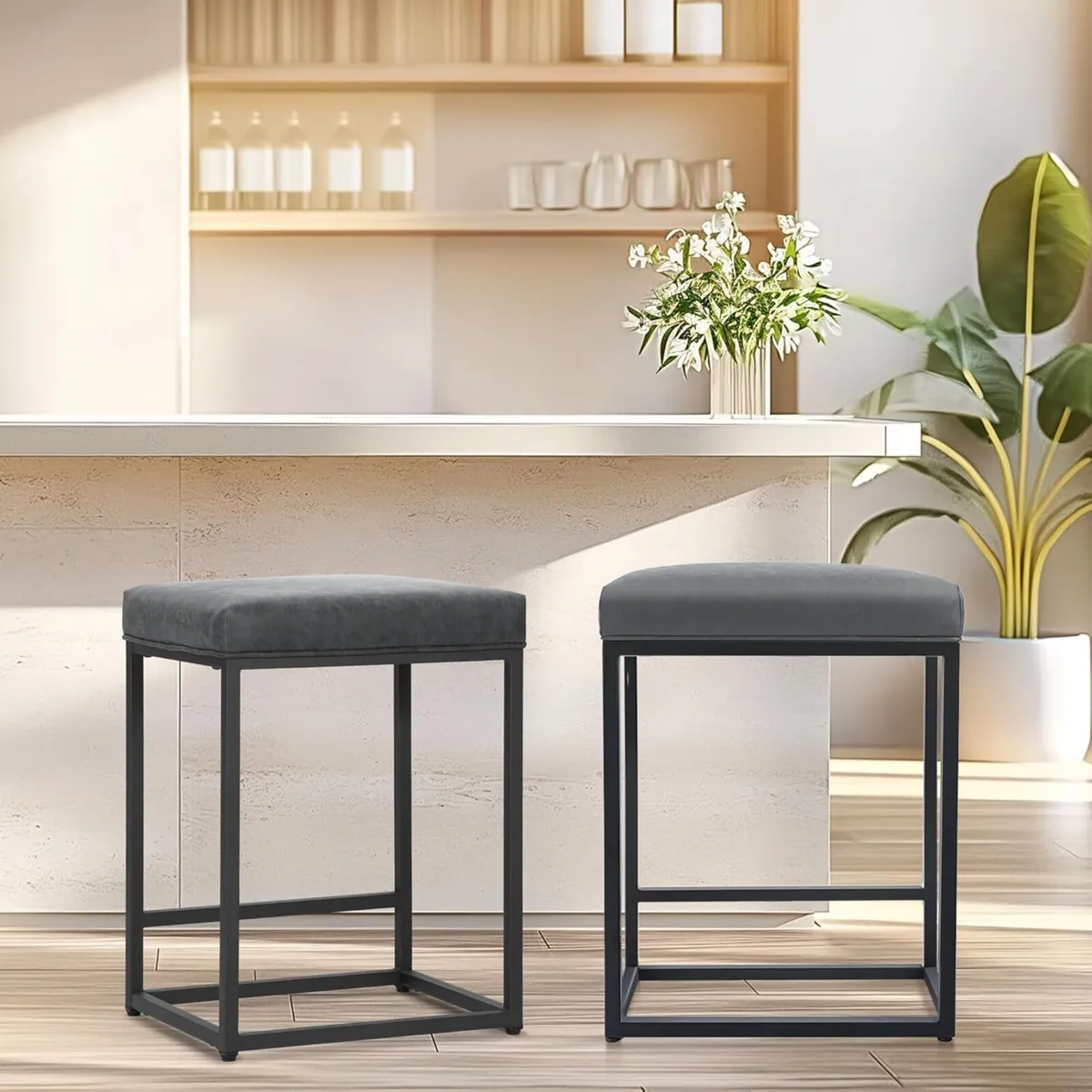 Set of 2 Bar Stools Counter Height with Footrest - Image 1