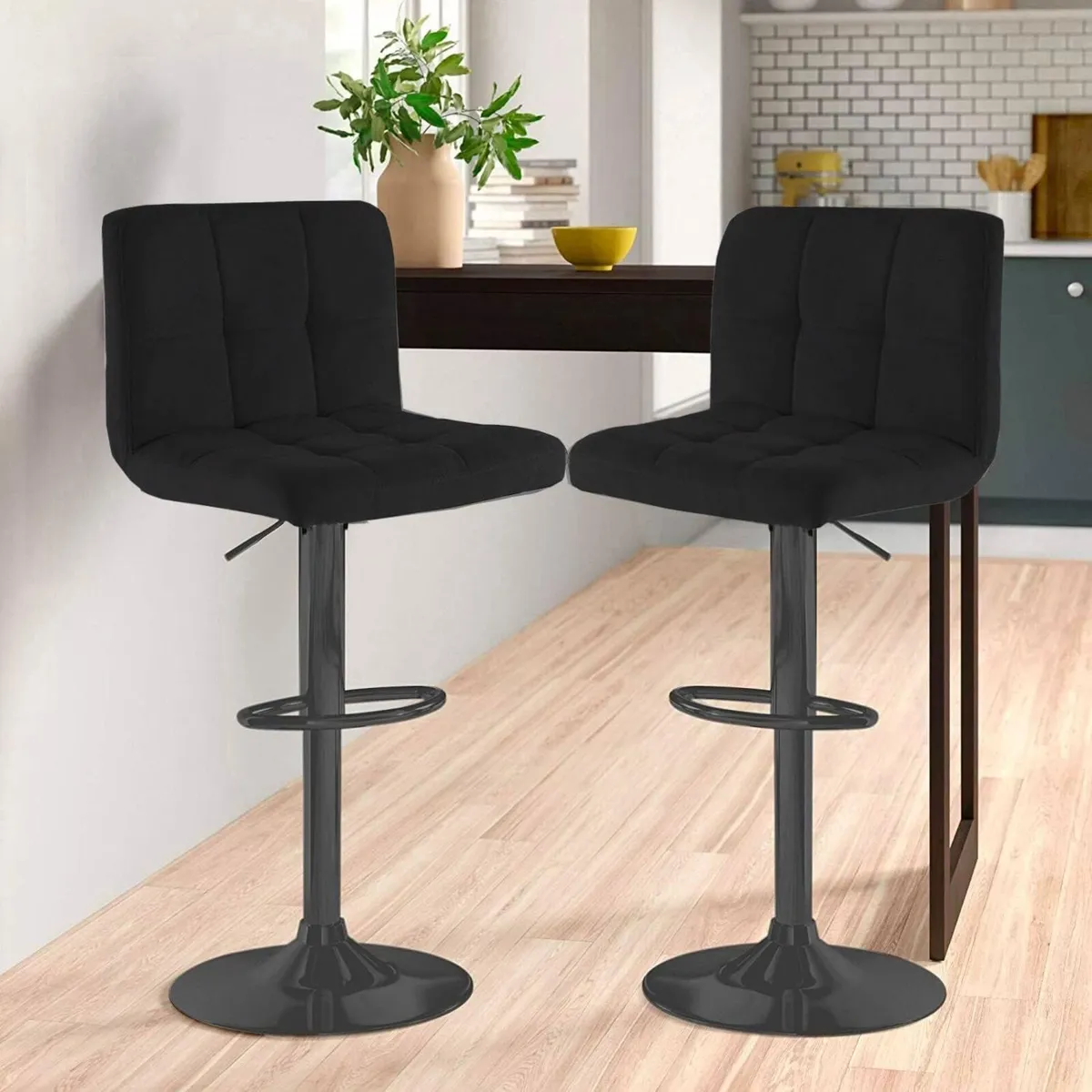 ® 2X Fabric Swivel Bar Stools with a Matt Black - Image 2