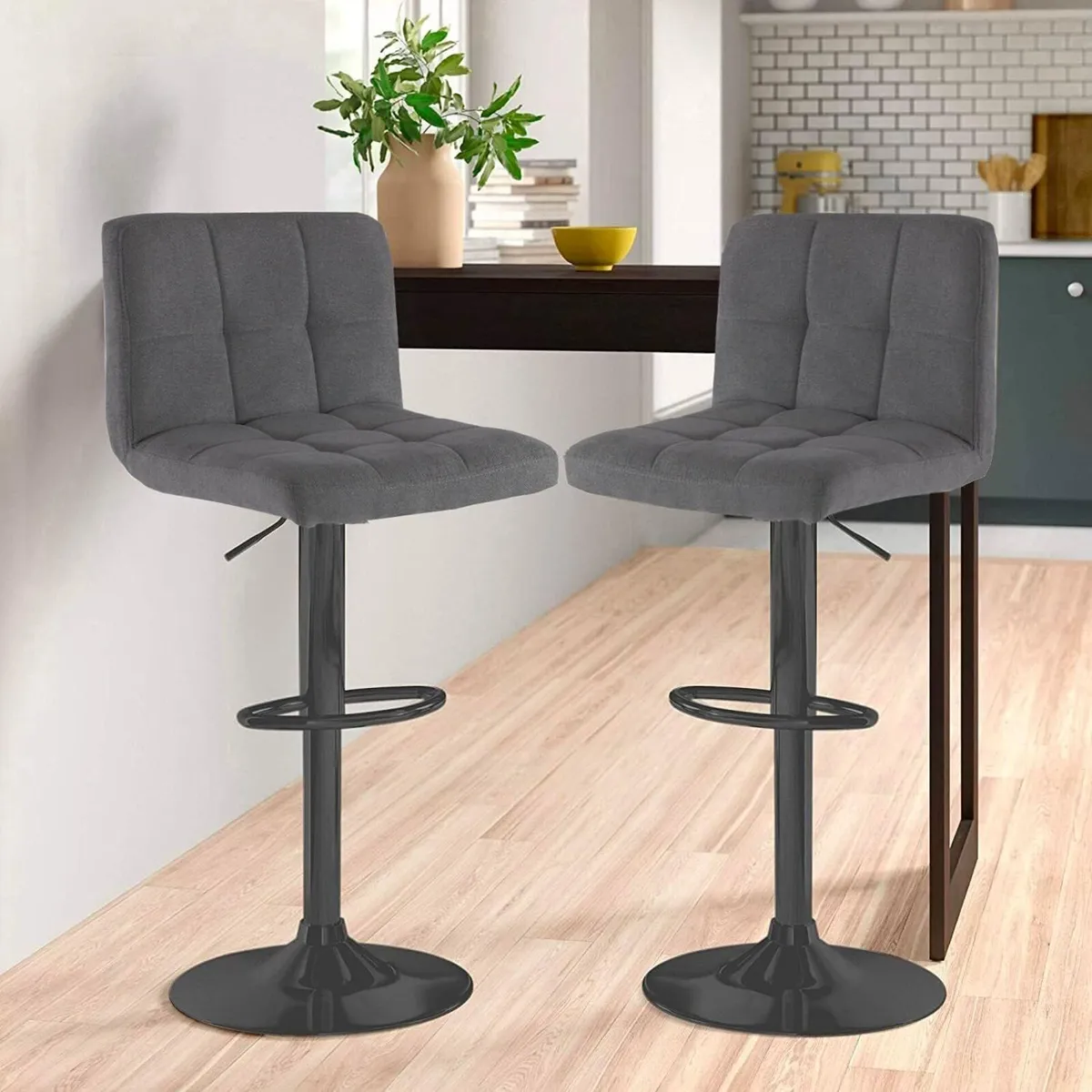 ® 2X Fabric Swivel Bar Stools with a Matt Black - Image 2