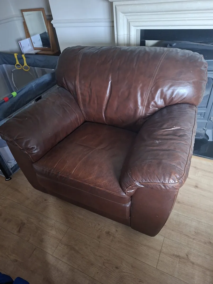 Brown Leather Sofa Set – 3 Seater + Armchair - Image 2