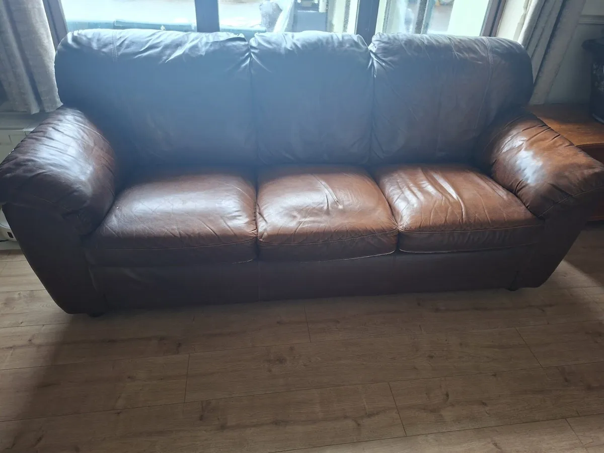 Brown Leather Sofa Set – 3 Seater + Armchair - Image 1