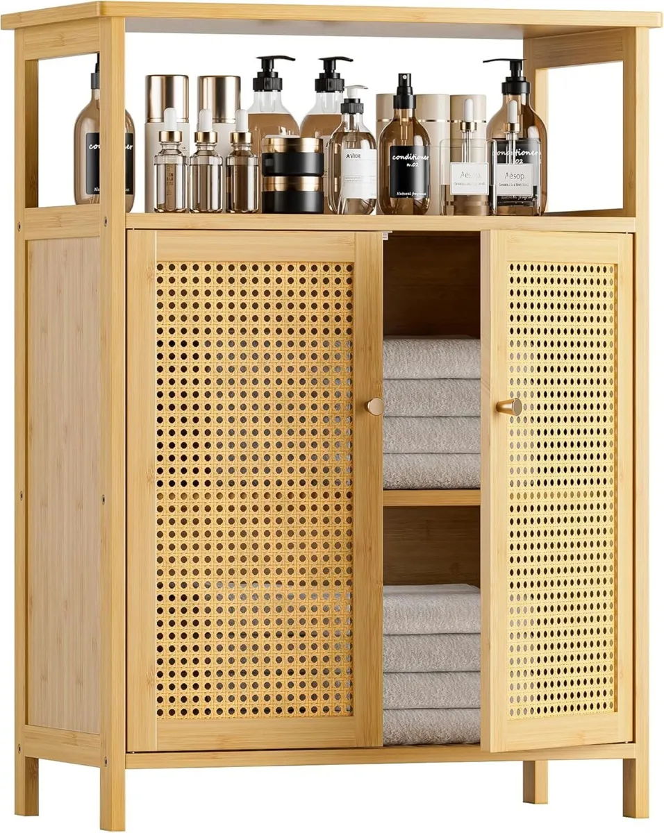Rattan Bathroom Storage Cabinet Bamboo Floor - Image 1