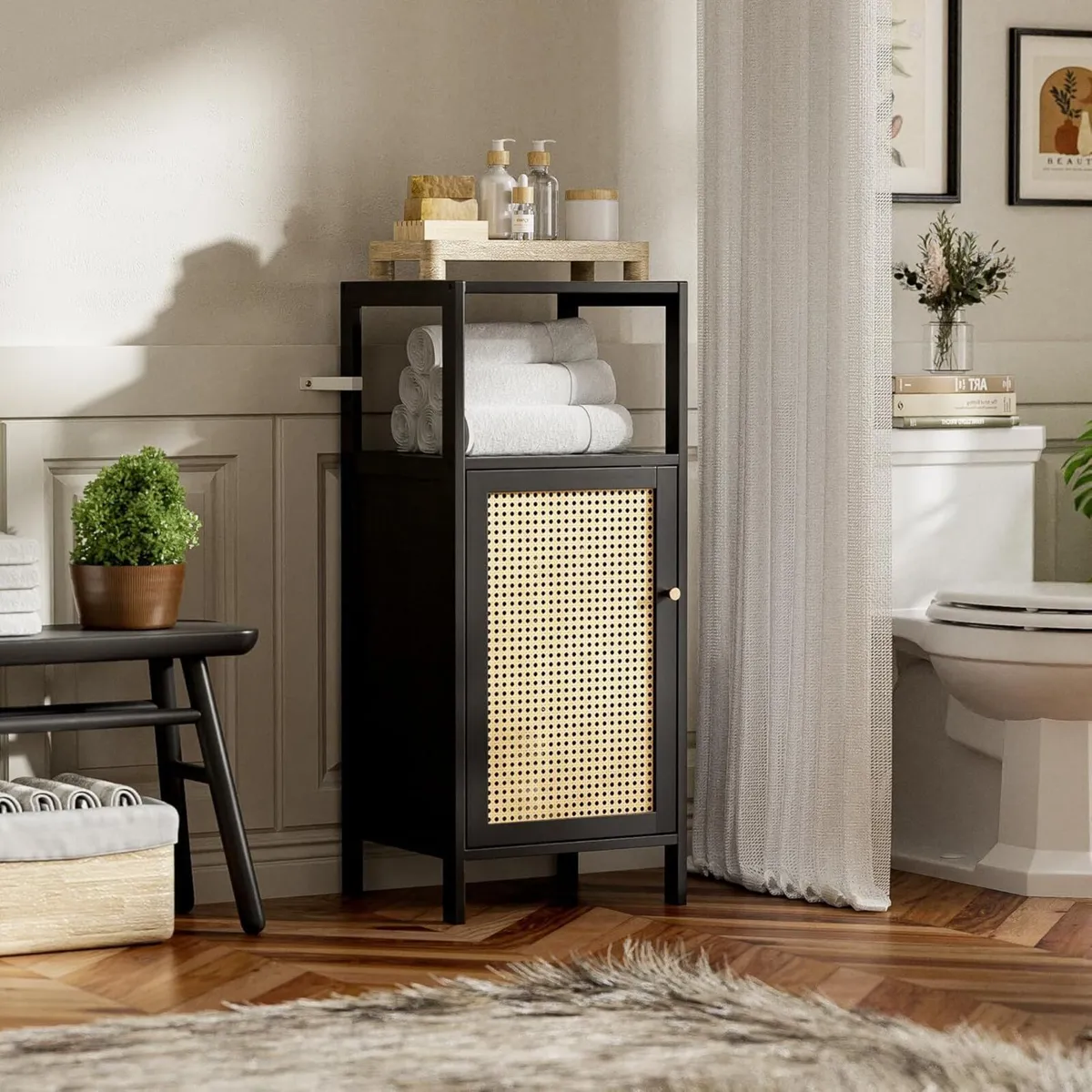 Bamboo Floor Rattan Cabinet Small Bathroom - Image 2