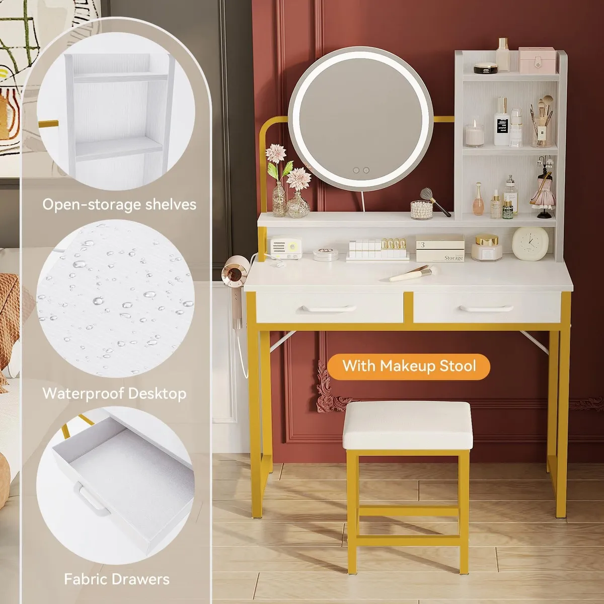 Dressing Table Set White Gold Mirror - Image 4