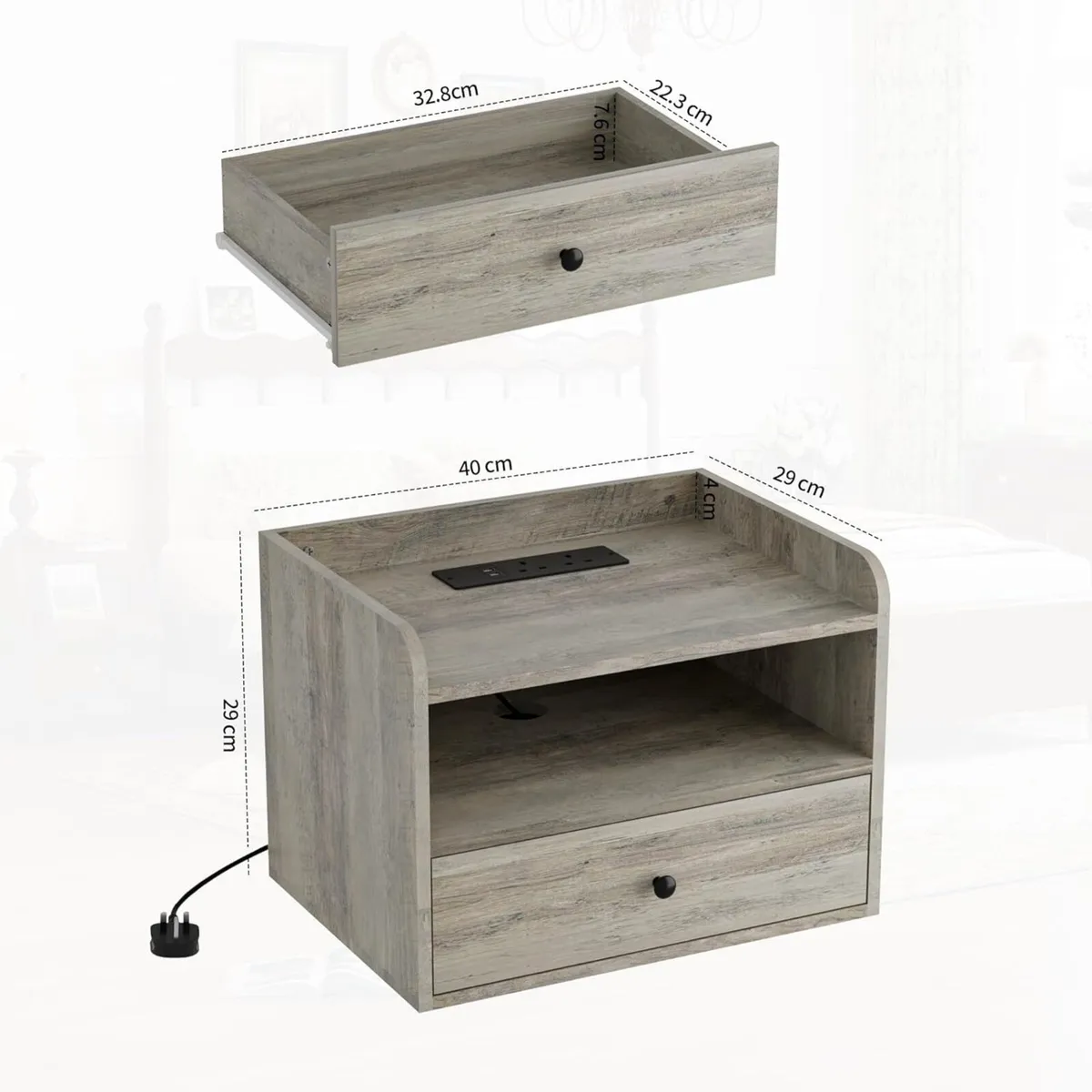 Bedside Table Set of 2 with Drawer and Charging - Image 3