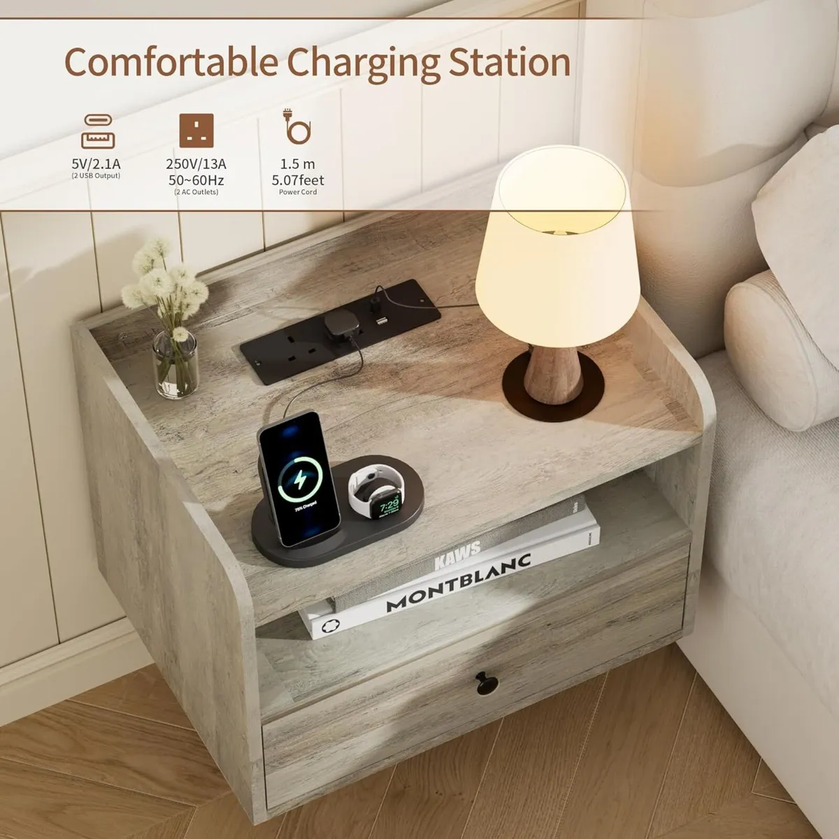 Bedside Table Set of 2 with Drawer and Charging - Image 4