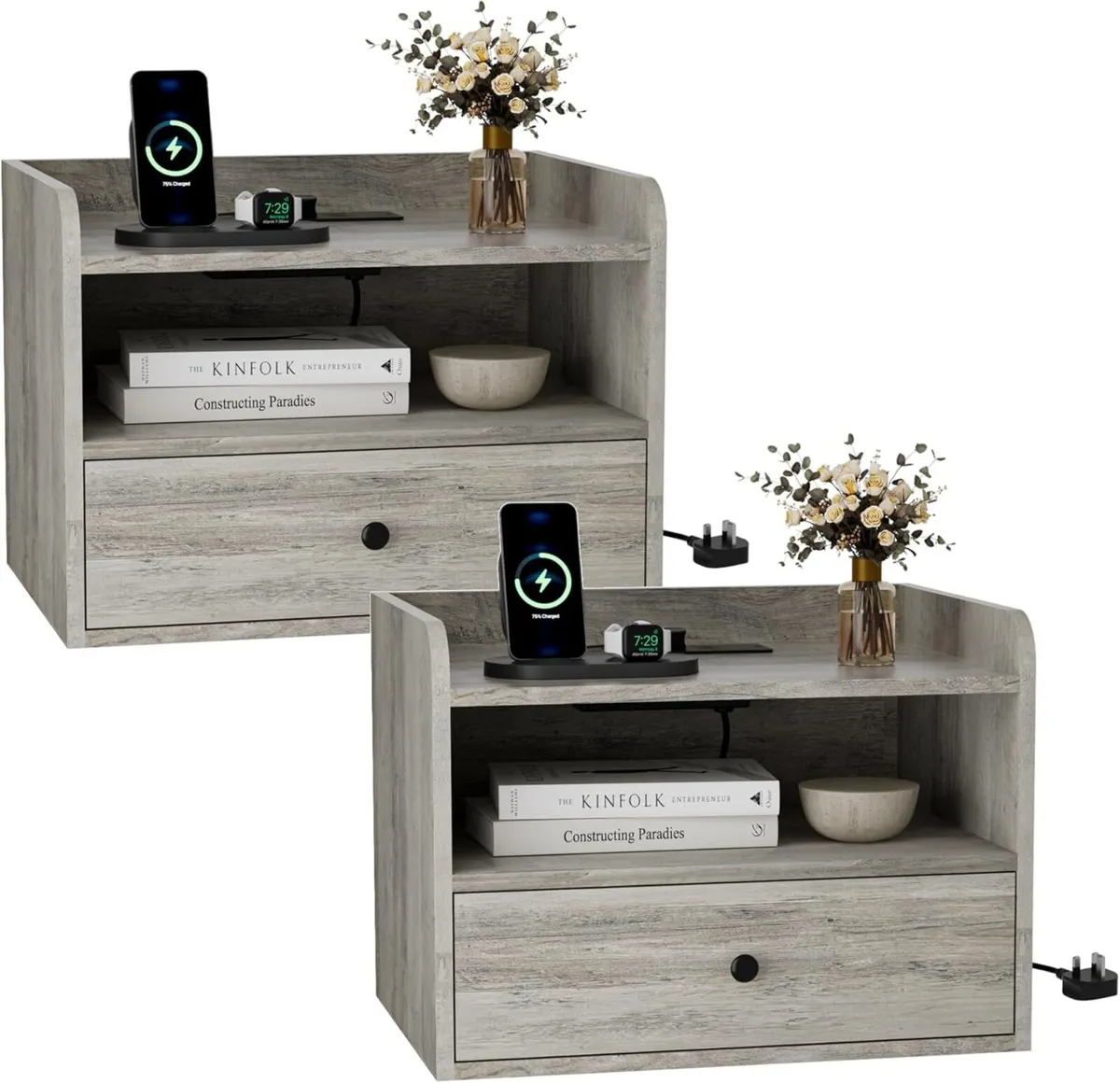 Bedside Table Set of 2 with Drawer and Charging - Image 1