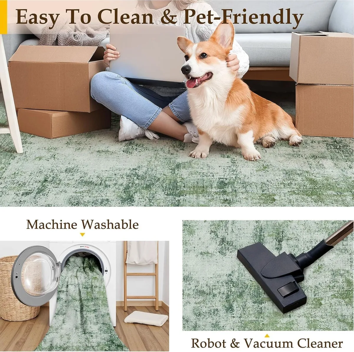 Washable Rugs Living Room Rug 240x300cm Green Non - Image 4