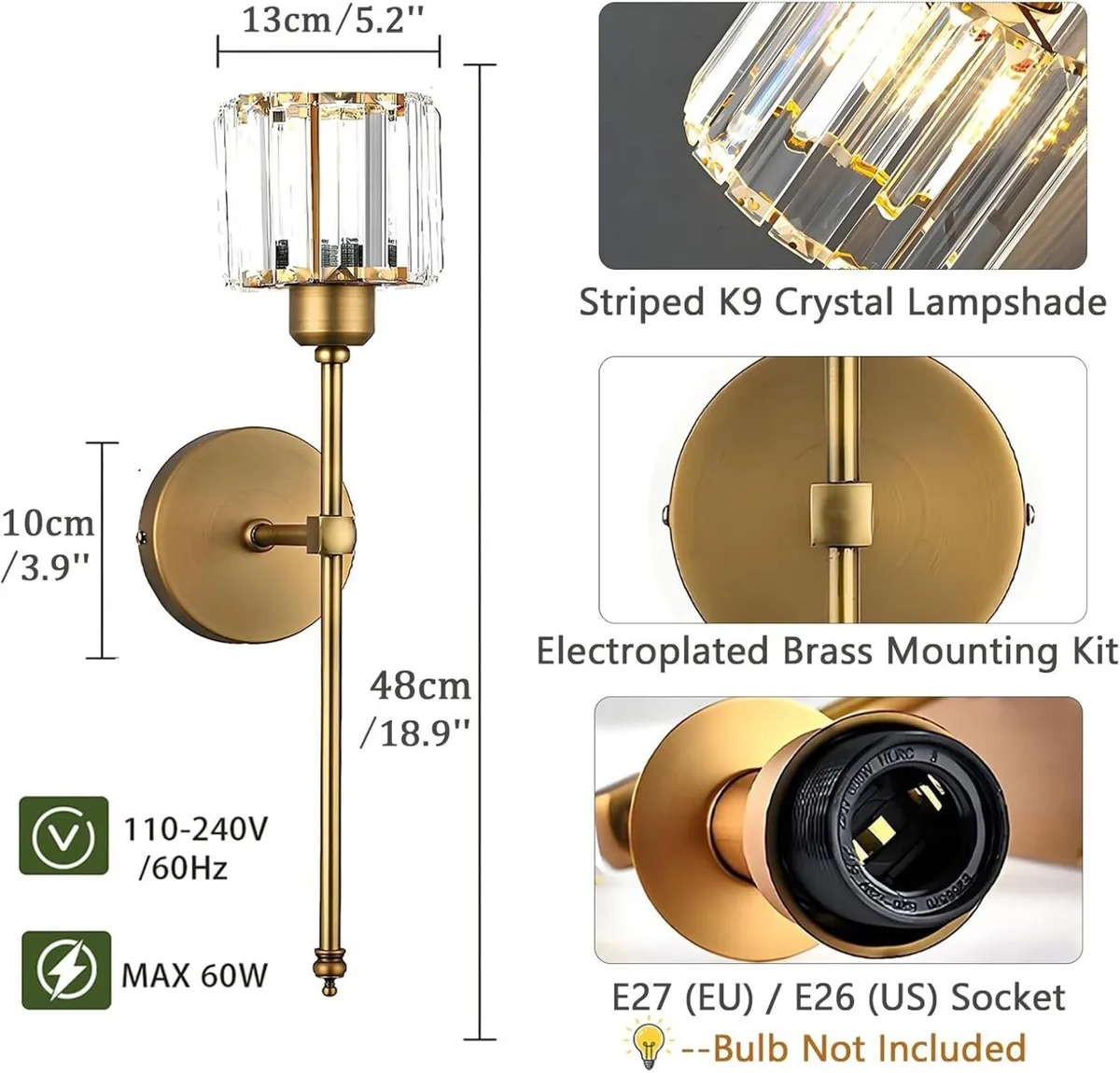 Gold Crystal Wall Sconce Lights - Set of 2 Modern - Image 2