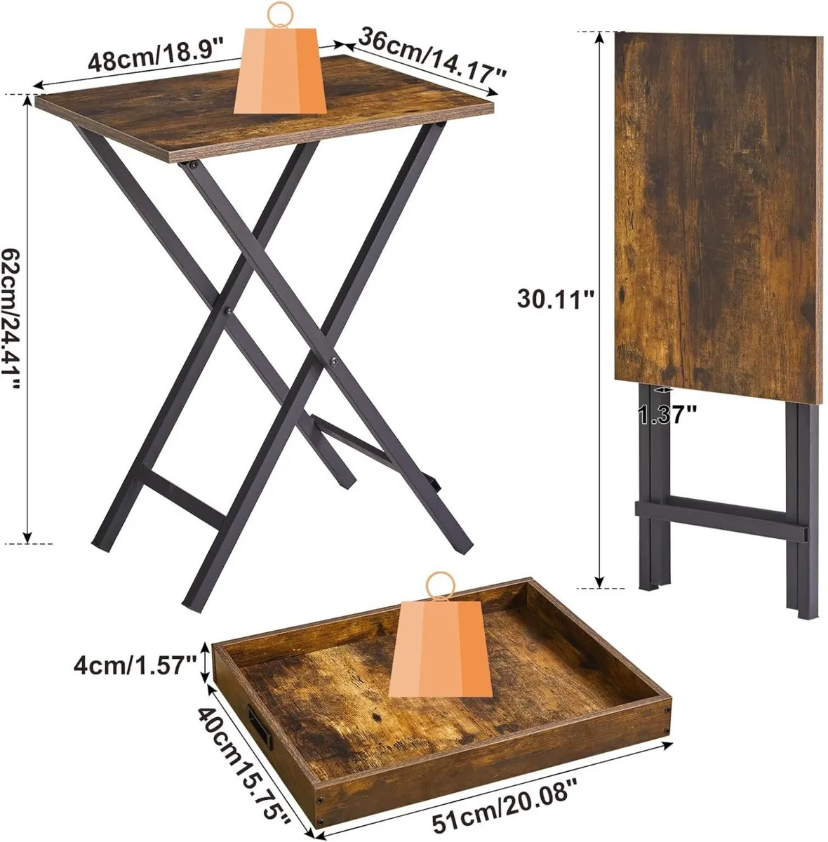 Foldable TV Tray Set of 2 End Table with Removable - Image 3