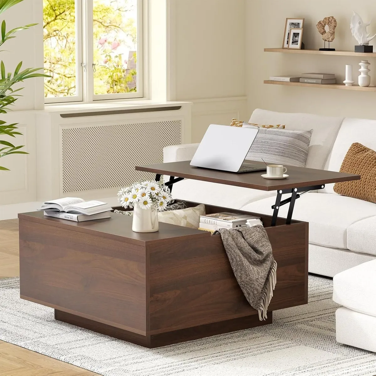 Lift Top Coffee Table Wood Square with Storage - Image 1