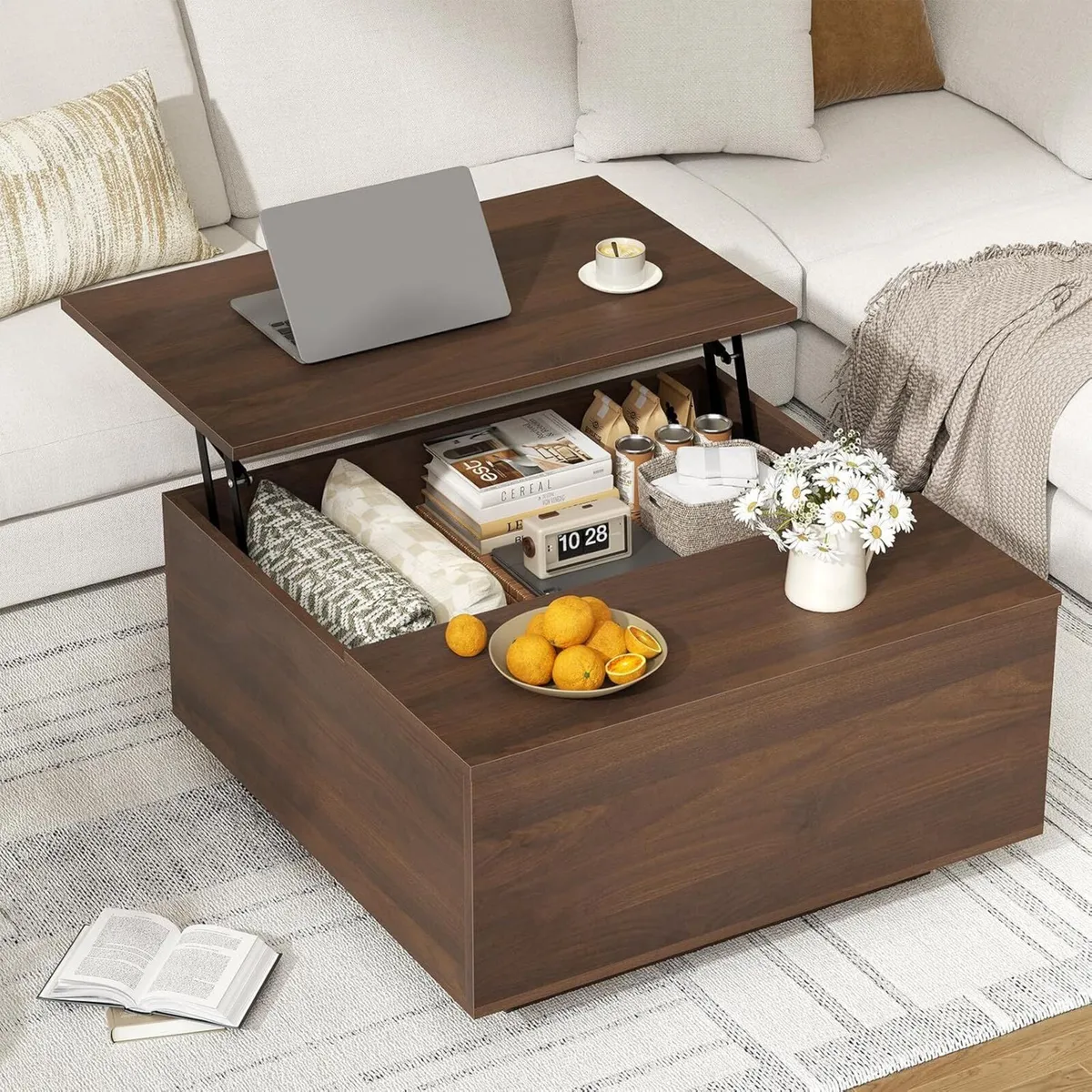 Lift Top Coffee Table Wood Square with Storage - Image 3
